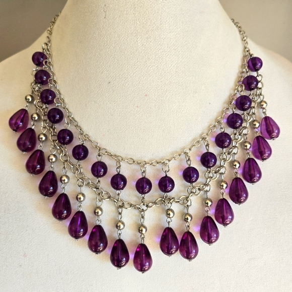 Cato Bead Chain Purple Silver Chandelier Necklace and Earrings Set - Picture 1 of 2